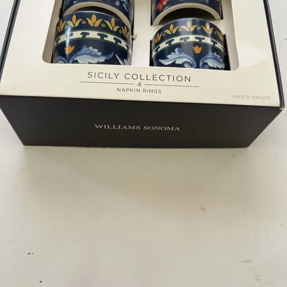 Williams Sonoma Sicily Napkin Rings Set of 4 Blue Ceramic New Box